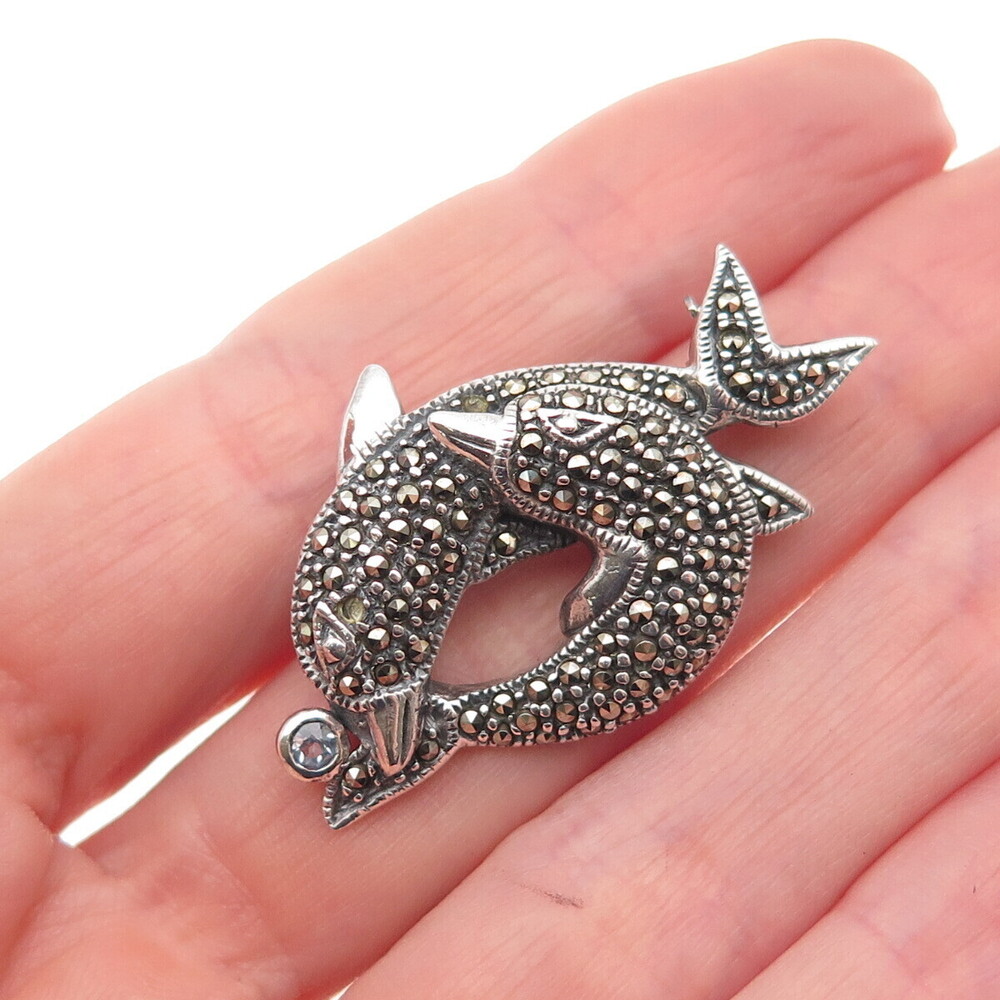 925 Sterling Vintage Real Marcasite & C Z Dolphin Pin Brooch (missing 2 stones)